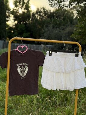Brandy Melville🖤🎸Bundle of 2 “Radio Silence Baby T-Shirt” & White Flowy Skirt